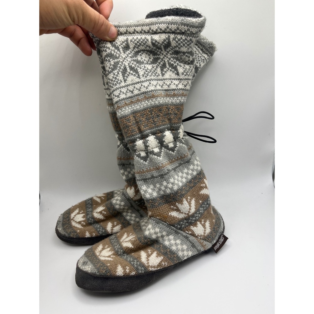 Muk Luks Slipper Boots Womens Small 5-6 Gray Tan Fair Isle Knit Faux Fur Lined